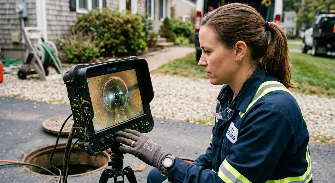 Technician reviewing sewer camera inspection footage in Waltham