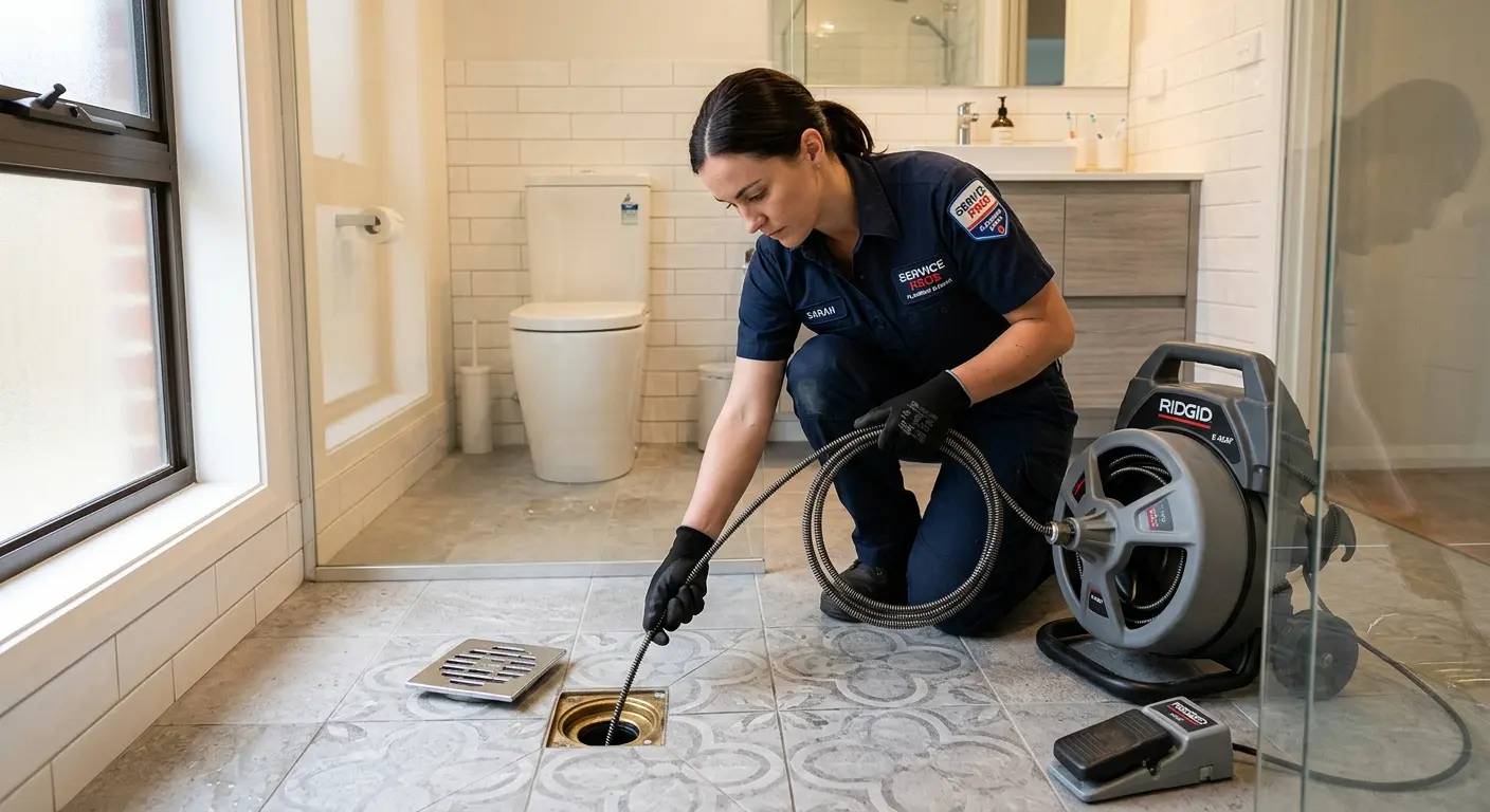 Technician clearing a bathroom floor drain for Hydro Jetting in Waltham